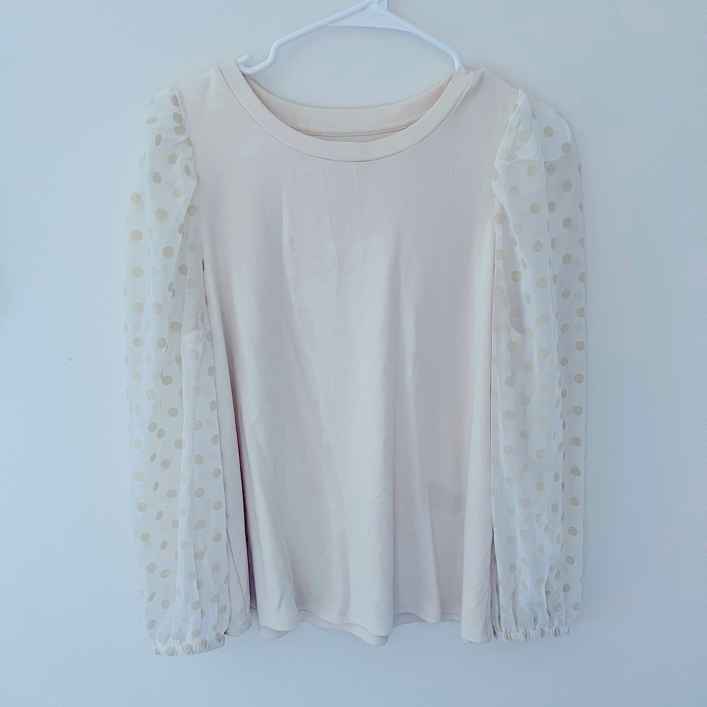 LOFT Cream Long Sleeve Shirt with Polka Dot Sleeves